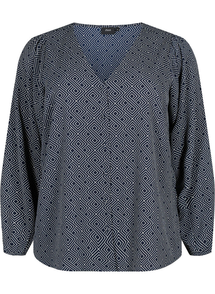 Shirt blouse with a V-neck and print, Navy Graphic AOP, Packshot image number 0