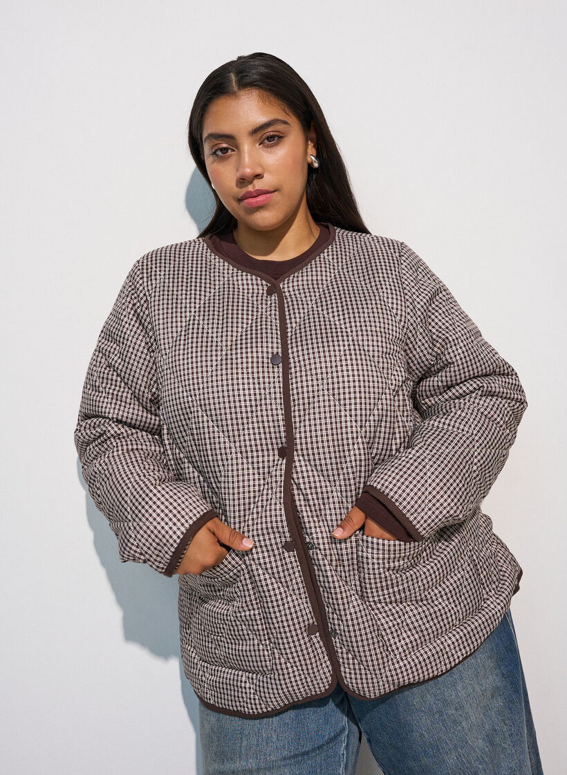 Quilted jacket with small checks and contrast trim, Brown, Model image number 0