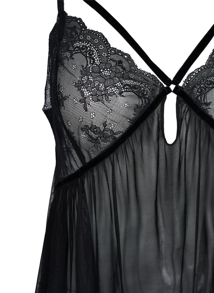 Transparent chemise with lace, Black, Packshot image number 2