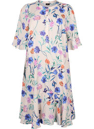 Floral midi dress with 3/4 sleeves, Buttercream Blue Fl., Packshot