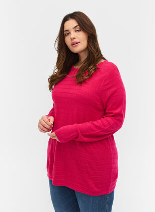 Knitted blouse with textured pattern and round neck, Fuchsia Purple, Model image number 0
