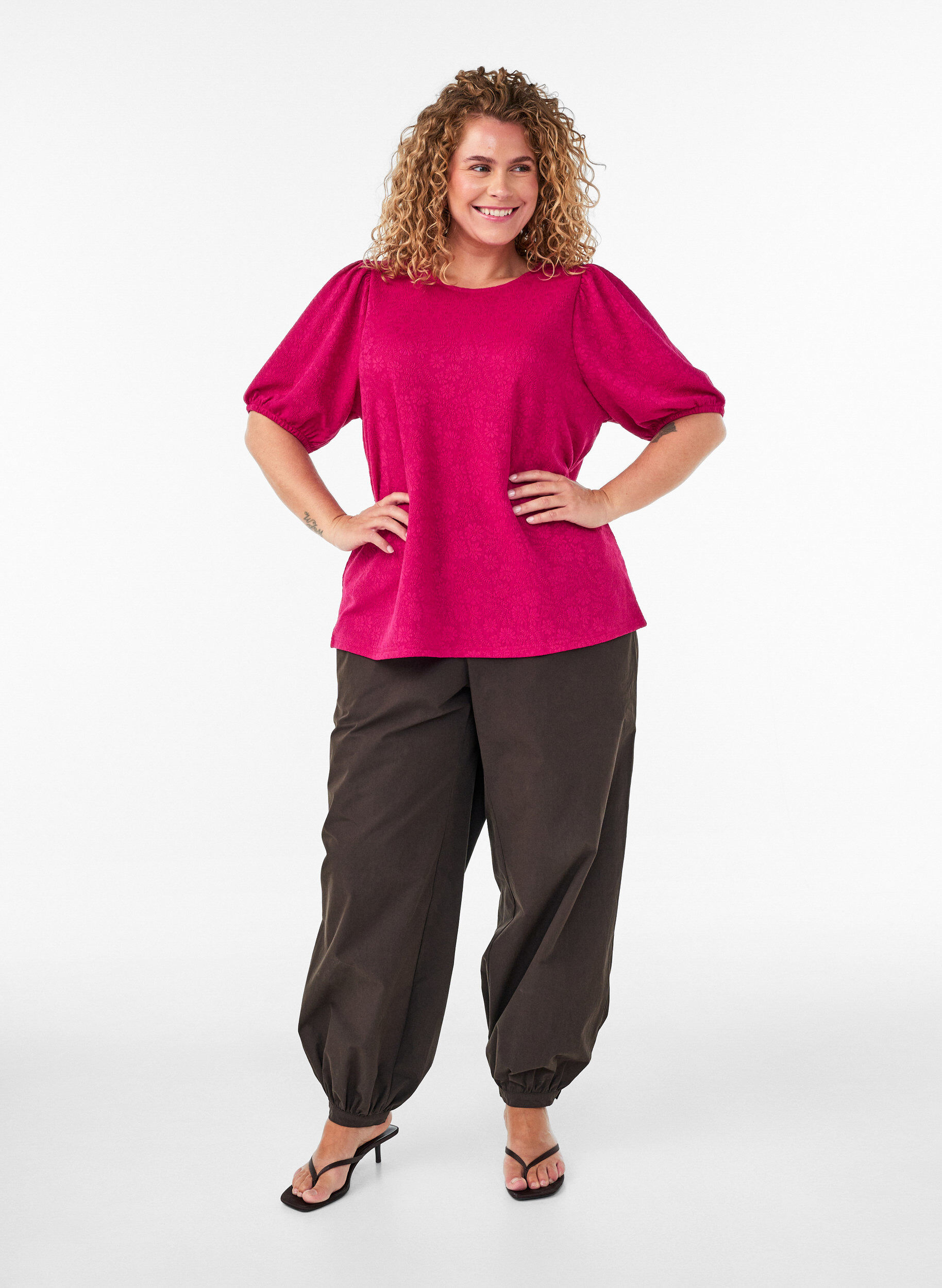 Zizzifashion Blouse with texture and short sleeves, Pink, Model image number 1