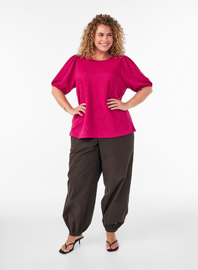 Blouse with texture and short sleeves, Pink, Model image number 1
