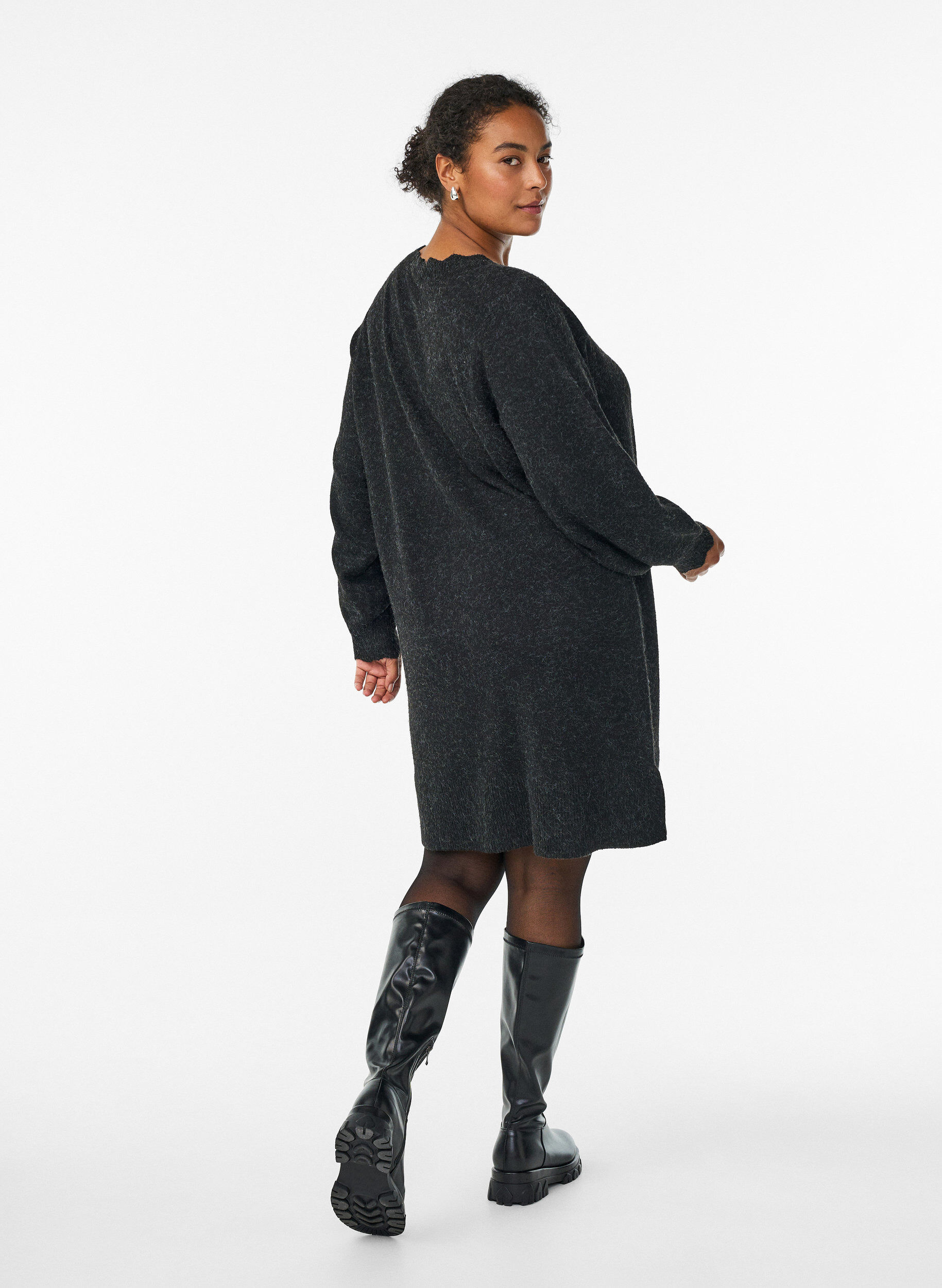 ZizzifashionShort knitted dress with wavy hem and slits, Dark Grey, Model image number 1