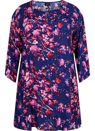 Tunica in viscose with 3/4 sleeves, B. Blue/Pink Flower, Packshot image number 0