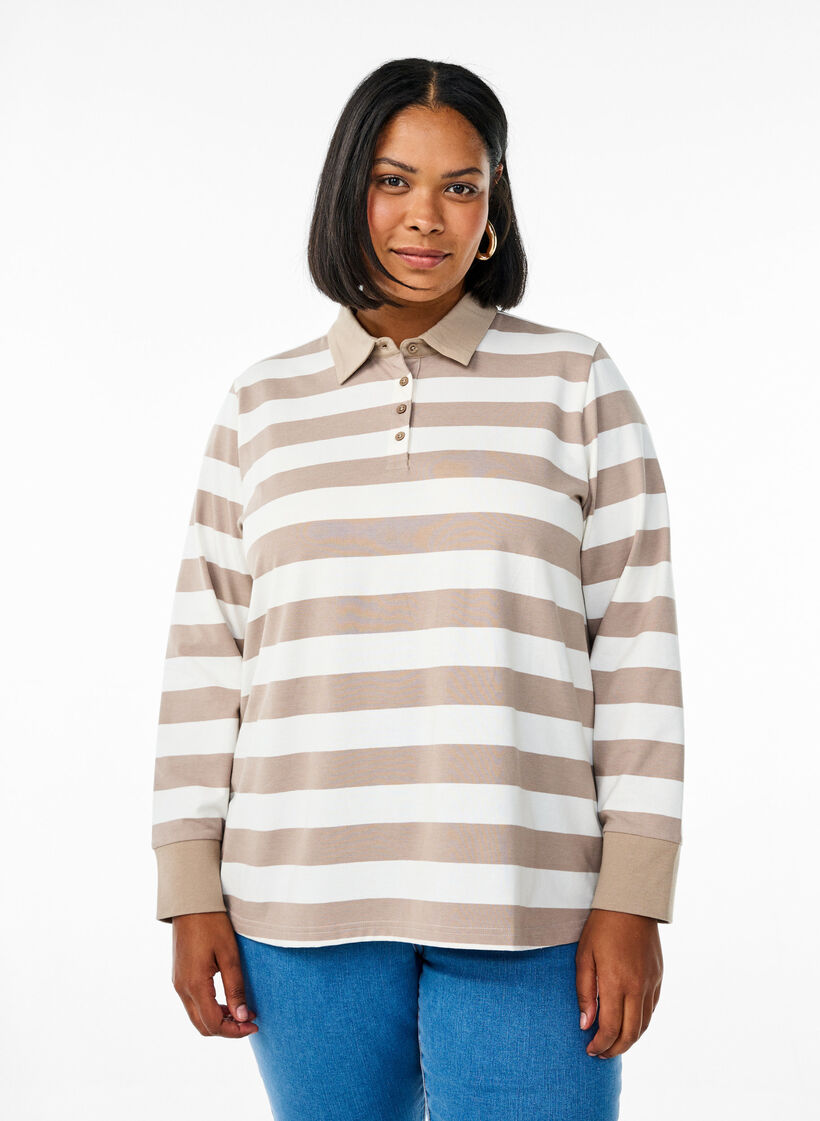 Long-sleeved polo shirt with stripes, Beige, Model image number 1