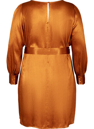 Shiny dress with a belt and puff sleeves, Buckthorn Brown, Packshot image number 1