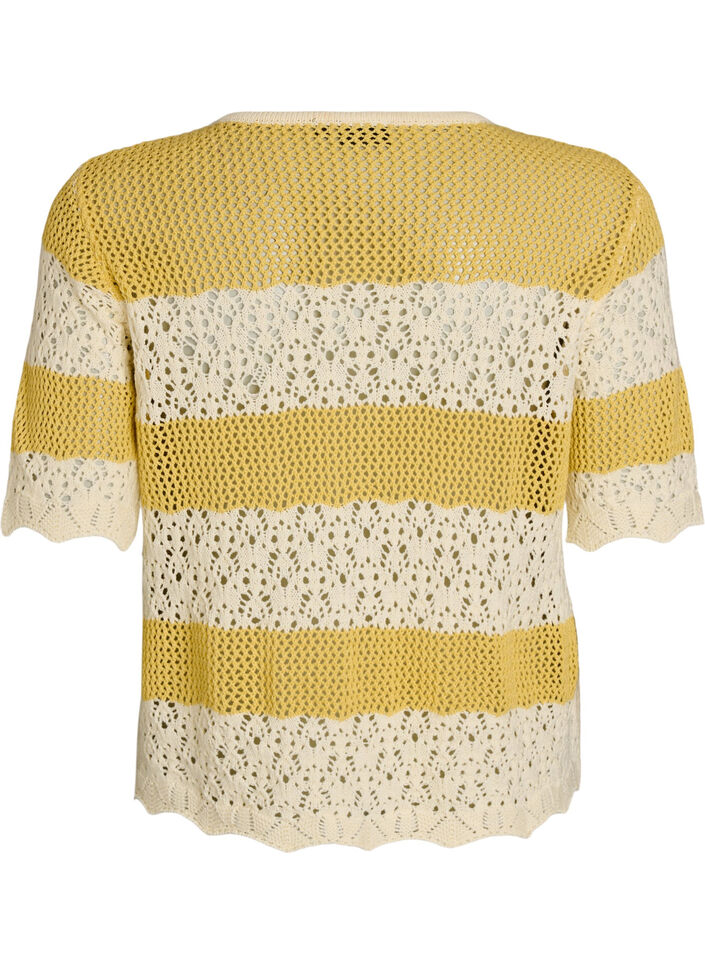 Knitted cardigan with eyelet embroidery and stripes, Yellow, Packshot