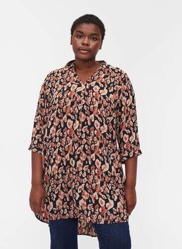 Printed viscose tunic with 3/4-length sleeves, Leo AOP, Model image number 0