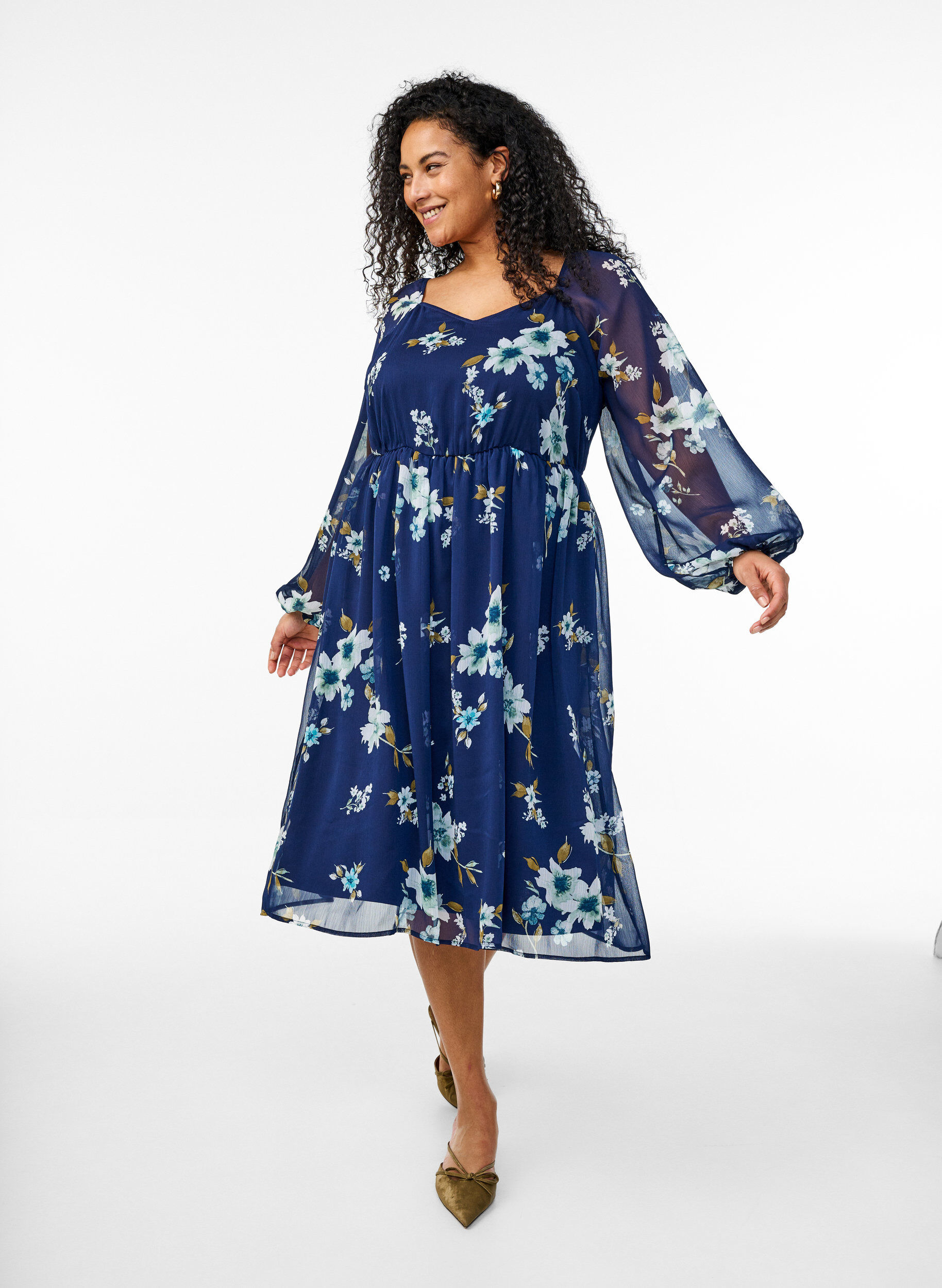 Zizzifashion Chiffon party dress with long sleeves, Blue, Model image number 0
