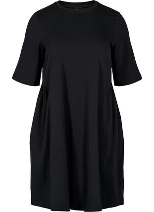 Short sleeve cotton dress with pleated skirt, Black, Packshot image number 0
