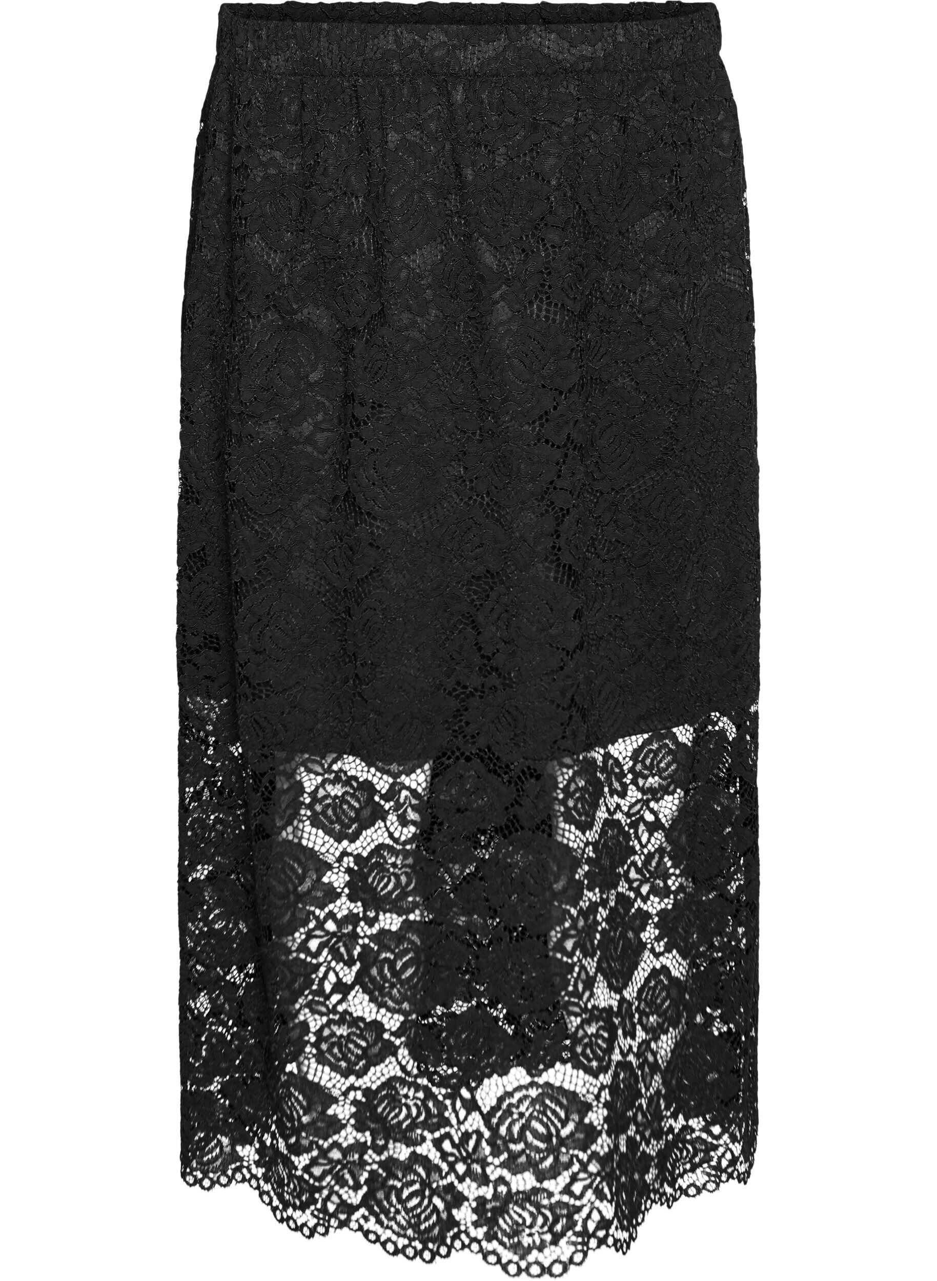 Zizzifashion Lace midi skirt with an elasticated waist, Black, Packshot image number 0