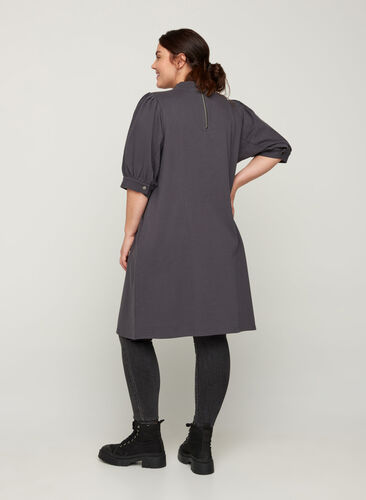 Cotton dress with short puff sleeves, Asphalt ASS, Model image number 1