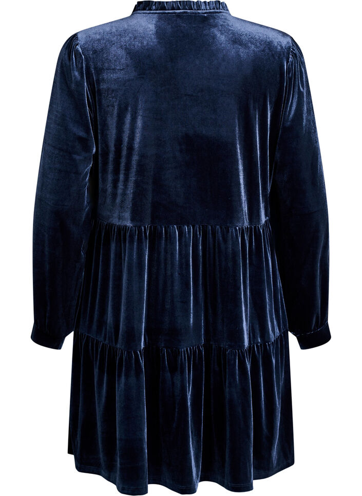 Short velour dress with a ruffle collar and long sleeves, Blue, Packshot image number 1