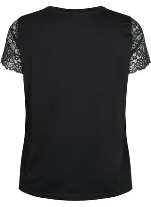 Cotton t-shirt with short lace sleeves, Black, Packshot image number 1