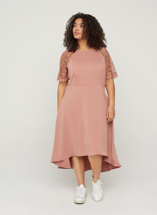 Midi dress with short lace sleeves, ROSE BROWN, Model image number 3