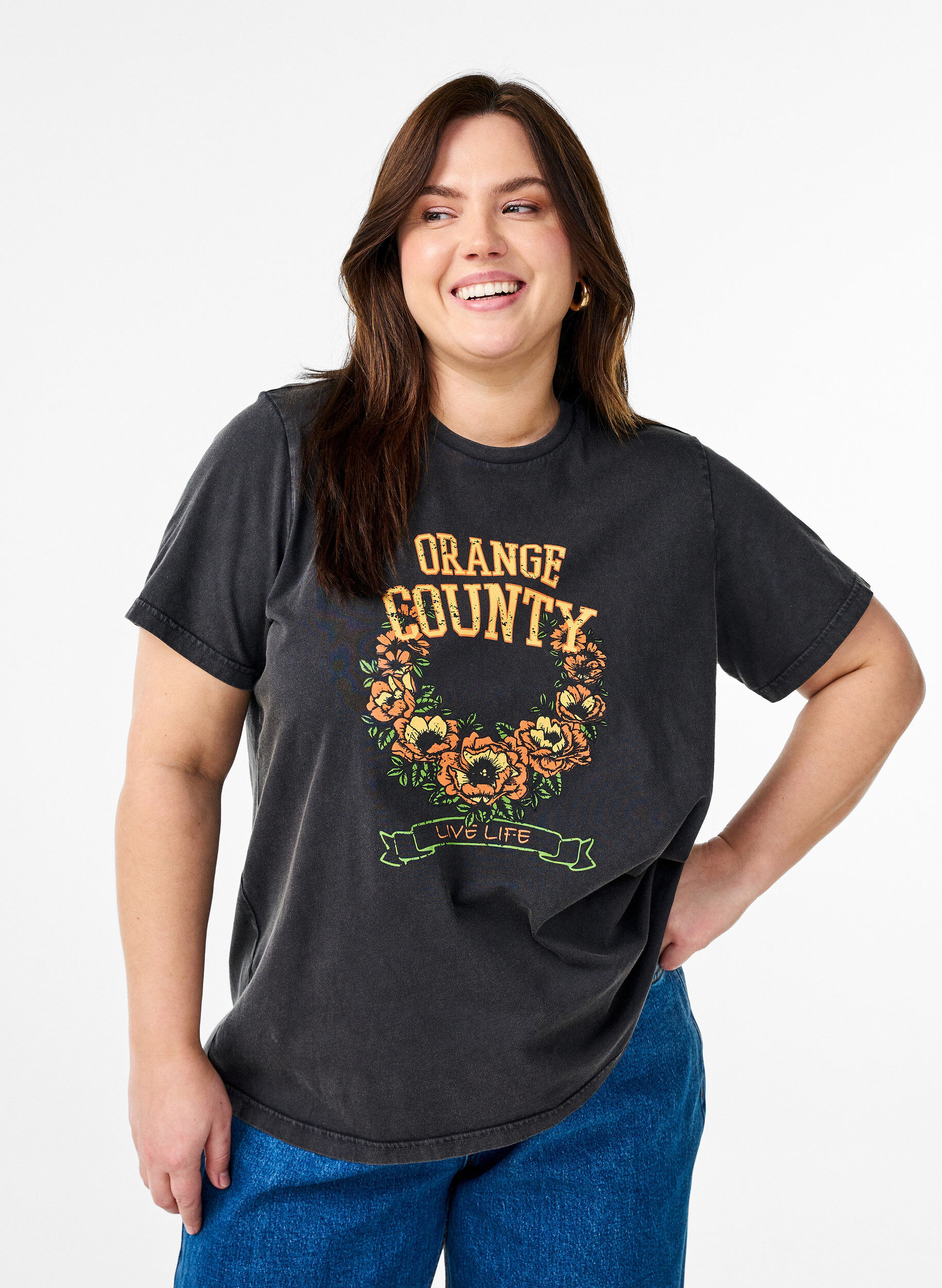 Zizzifashion T-shirt in organic cotton with a cool print, Dark Grey, Model image number 0