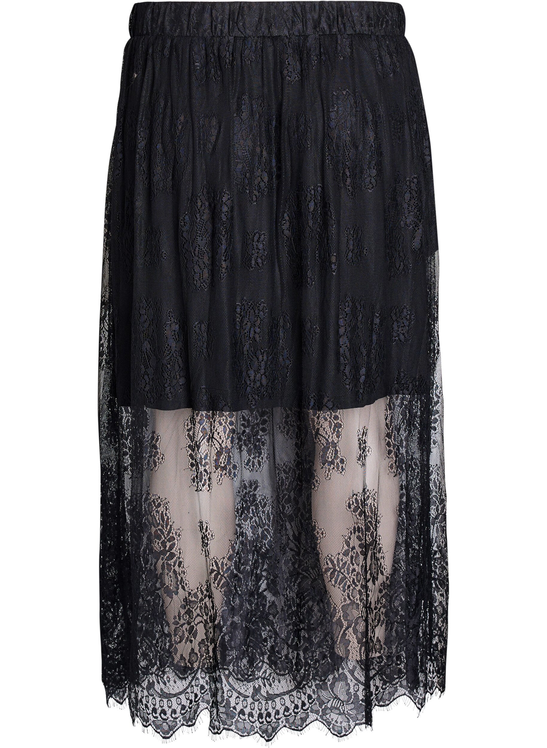 Zizzifashion Long lace skirt with elastic waist, Black, Packshot image number 1