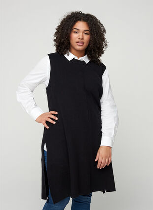 Long knitted vest with high slit, Black, Model image number 0