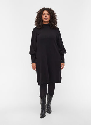 Long-sleeved knitted dress with rounded neckline, Black, Model image number 2