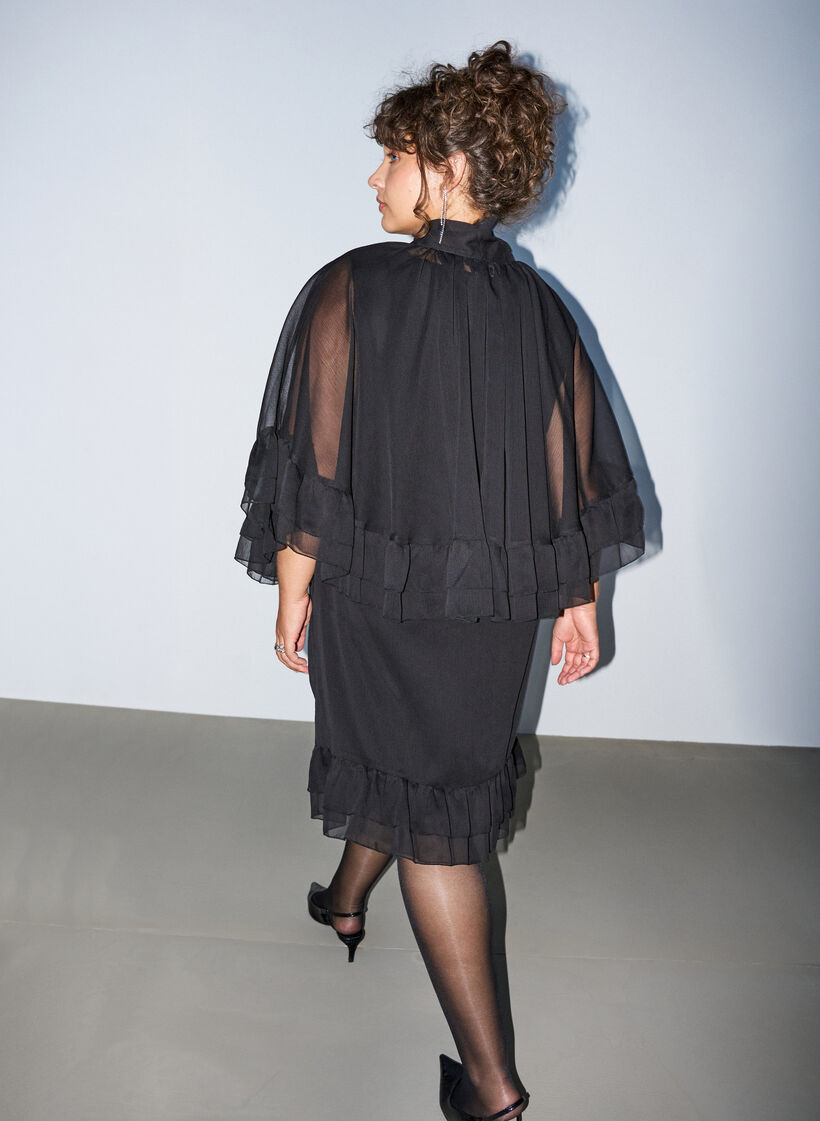 Sleeveless dress with chiffon cape, Black, Model image number 2