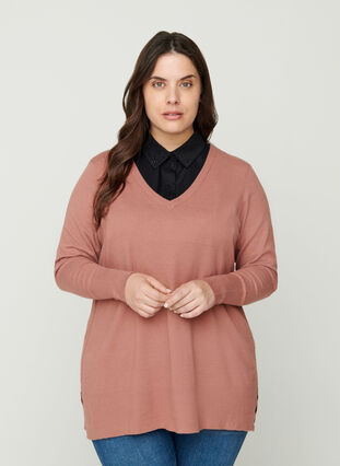 V-neck knitted top, Burlwood melange, Model image number 0