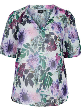 Floral blouse with 2/4-length sleeves, Purple Flower mix, Packshot image number 0