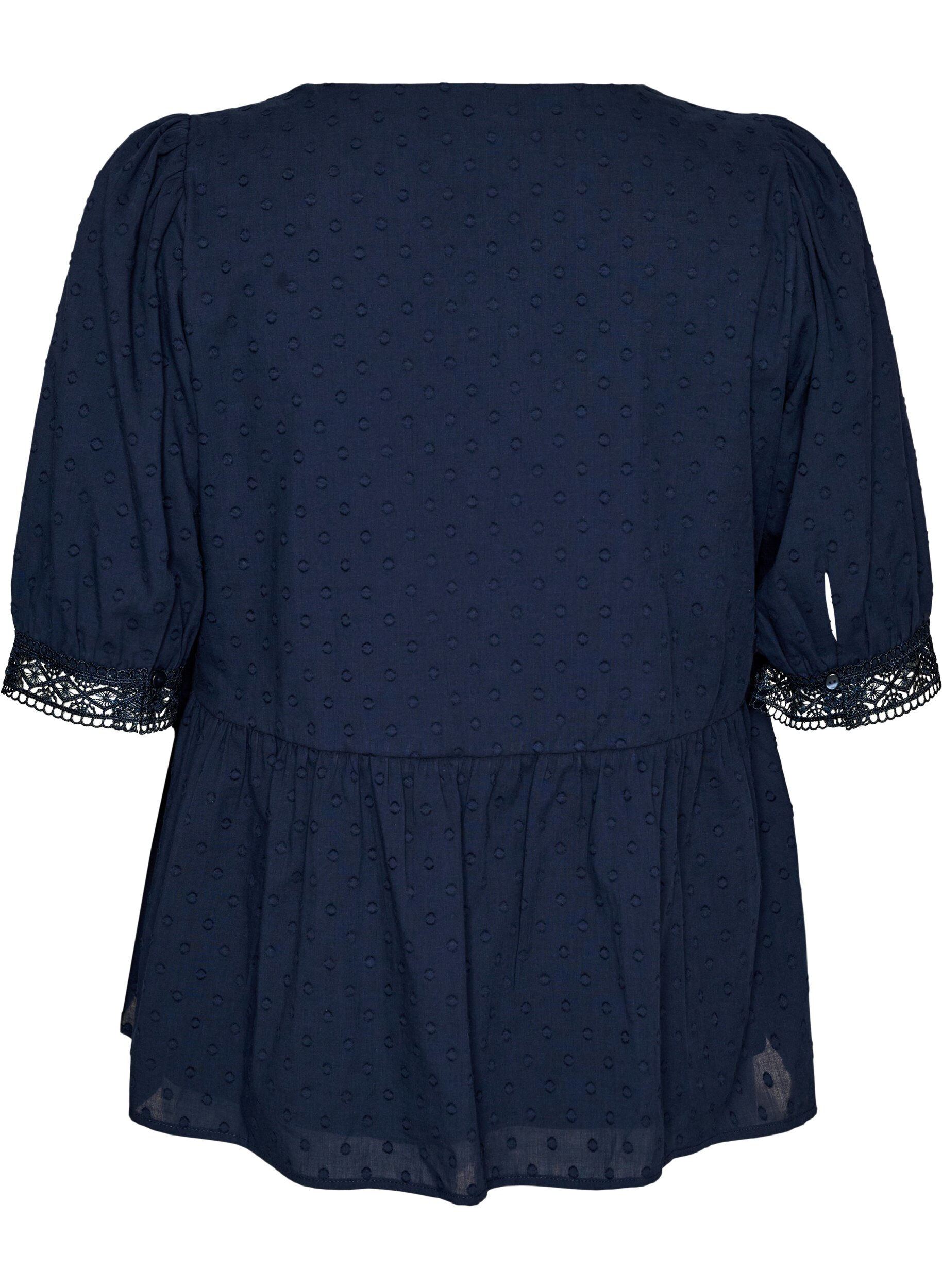 Zizzifashion Blouse in textured cotton with crochet details, Blue, Packshot image number 1