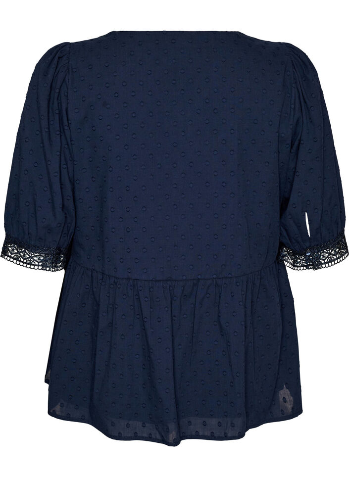 Blouse in textured cotton with crochet details, Blue, Packshot image number 1