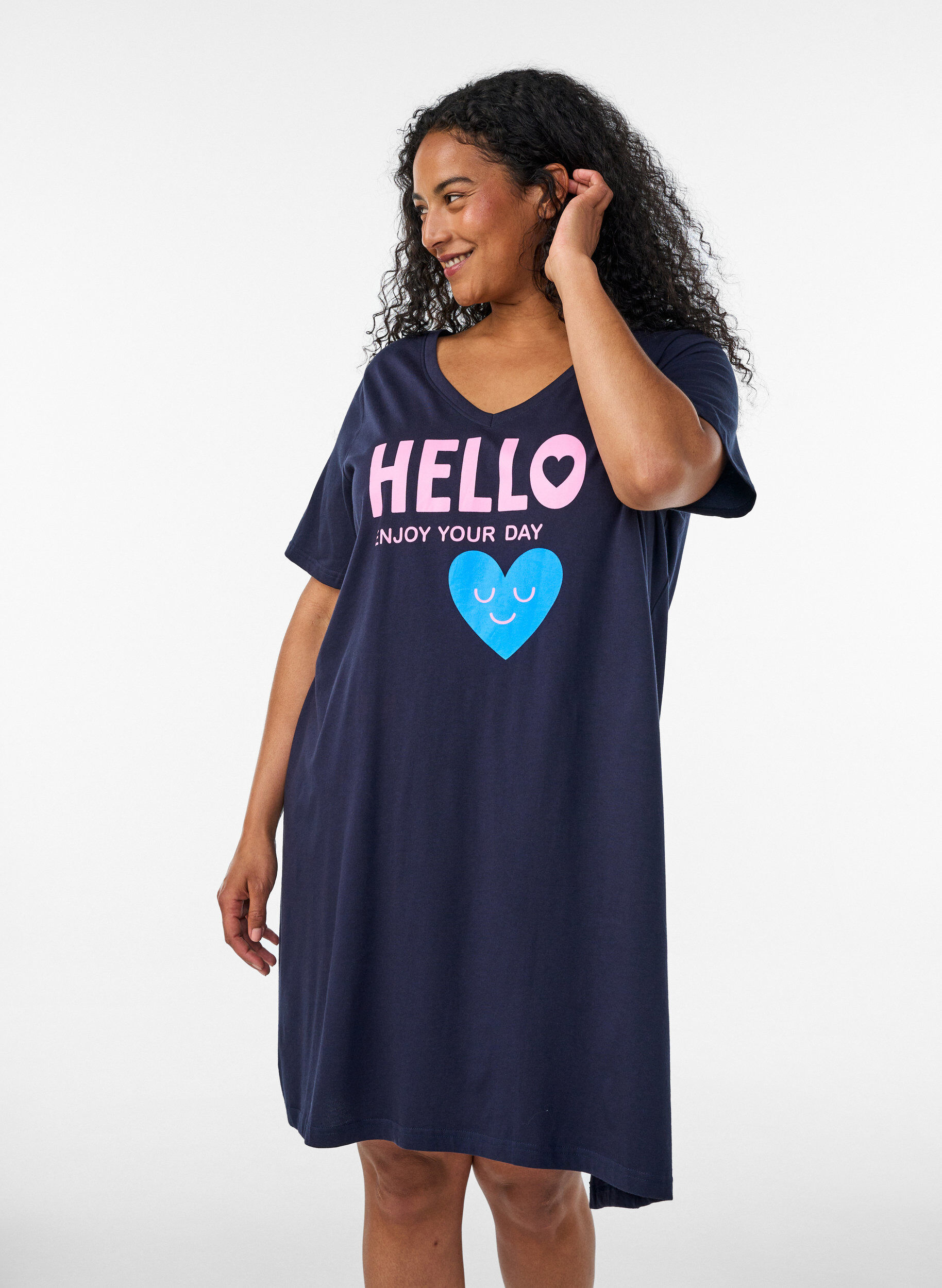 ZizzifashionOrganic cotton nightdress with V-neck, Blue, Model image number 0