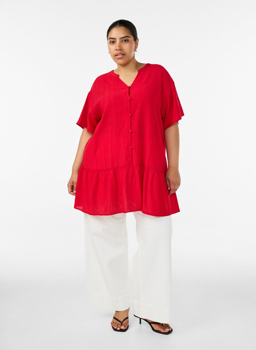 Loose tunic with crinkled texture and ruffle hem, Red, Model image number 1