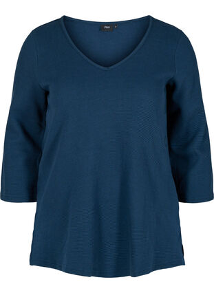 Cotton blouse with V-neck and 3/4 sleeves, Navy Blazer, Packshot image number 0