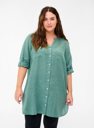 Shirt blouse with V-neck and pockets, Balsam Green, Model image number 0