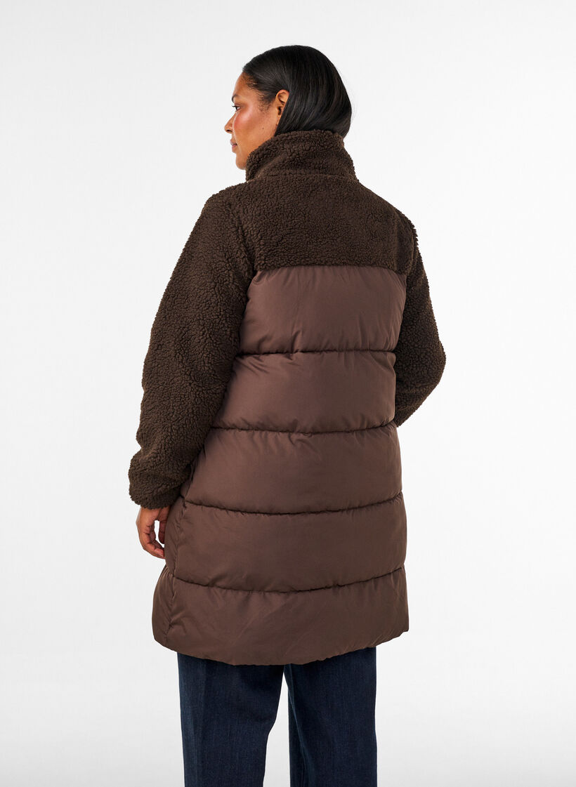 Mid-length puffer jacket with teddy fleece, Brown, Model image number 2