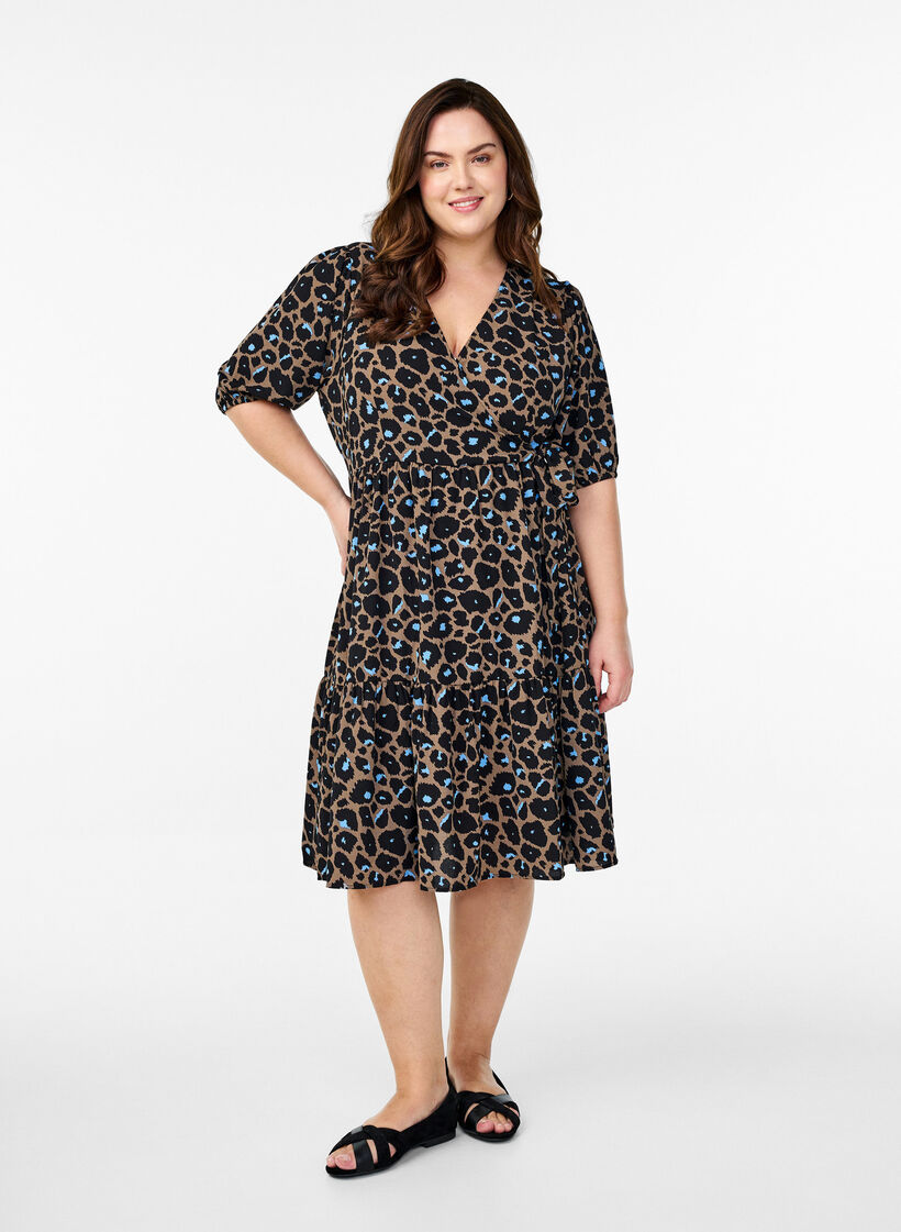 Wrap dress with short sleeves, Fossil w.Bl.Leo AOP, Model image number 2