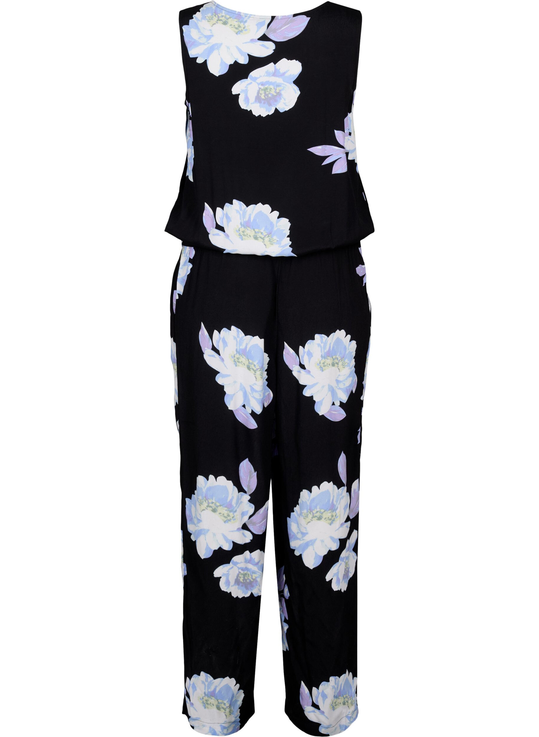 Zizzifashion Sleeveless jumpsuit in viscose, Black Big Flower AOP, Packshot image number 1