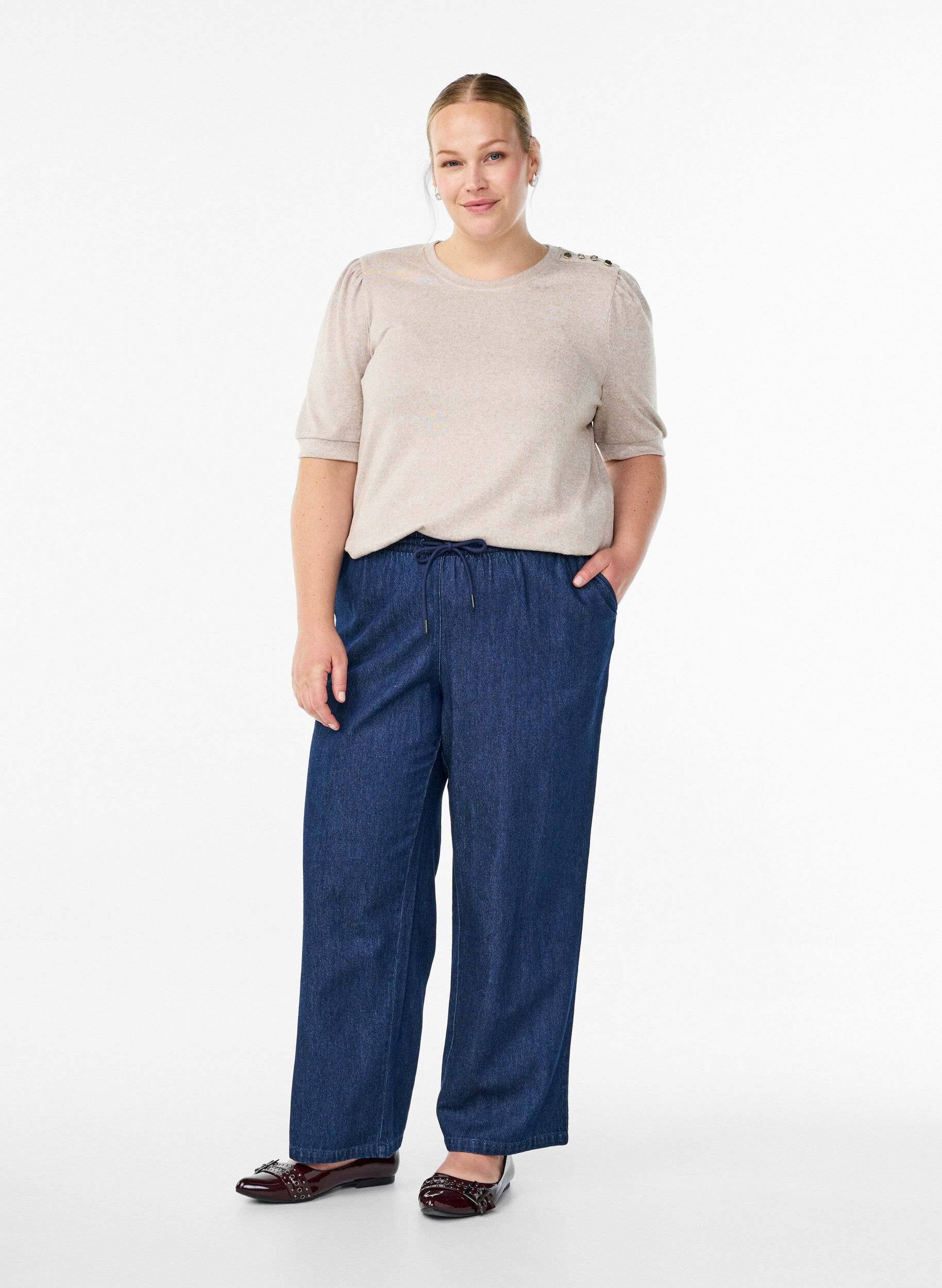 Zizzifashion Blouse with button detail and short puff sleeves, Beige, Model image number 1