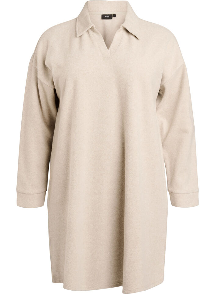 Knee-length jersey dress with a V-neck and collar, Beige, Packshot image number 0