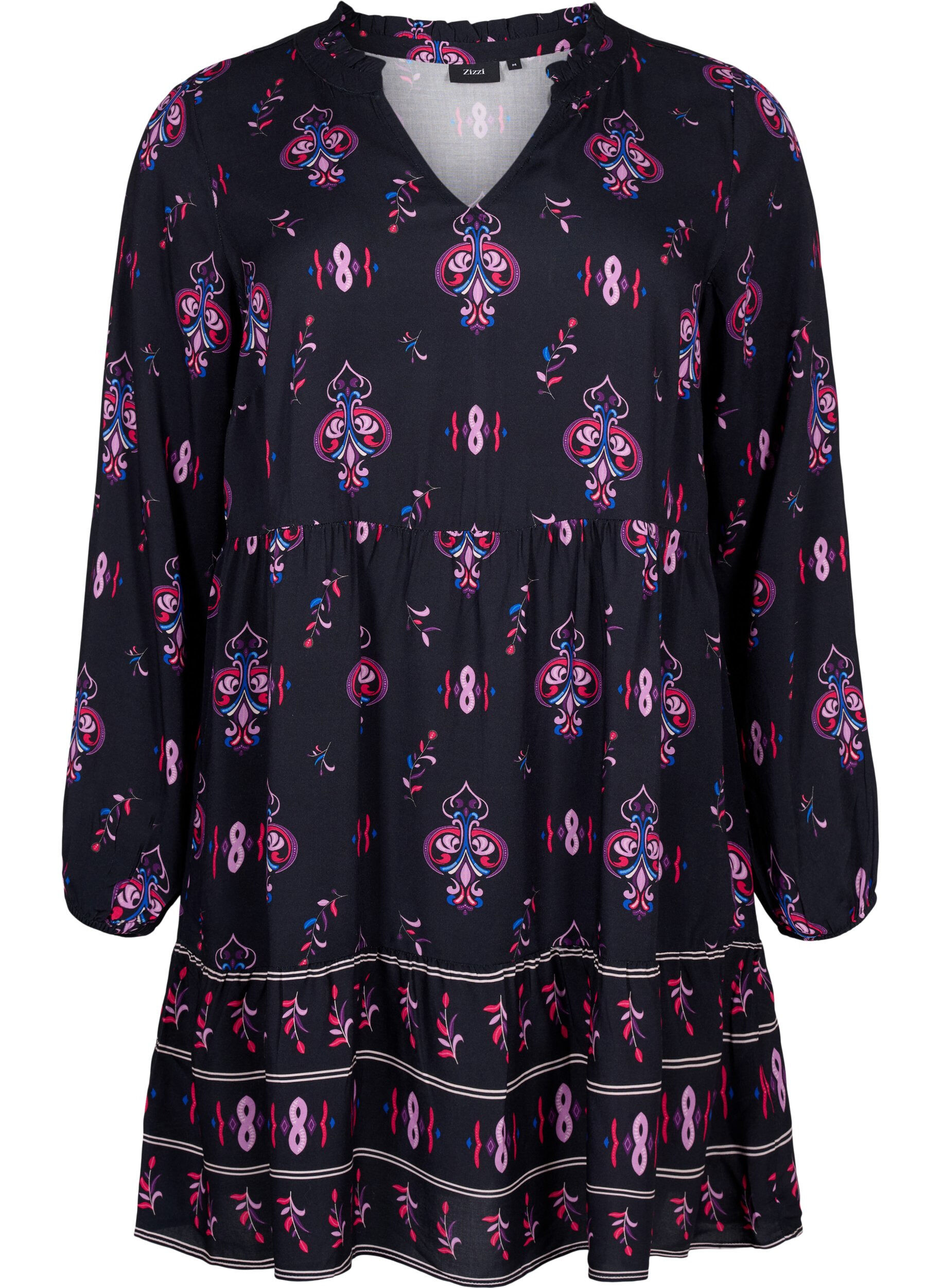 Zizzifashion Long sleeve viscose dress with print, Black Pink AOP, Packshot image number 0