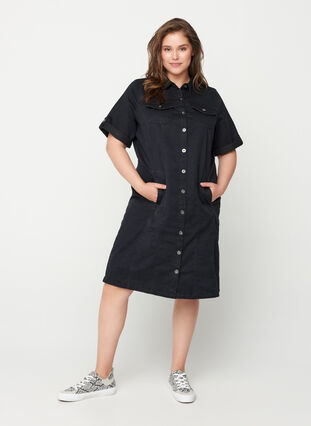 Short-sleeved denim dress, Black, Model image number 2