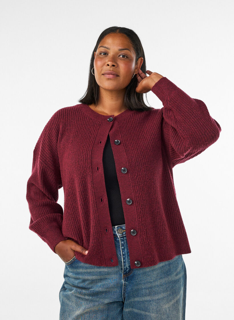 Rib knit cardigan with buttons, Red, Model image number 0