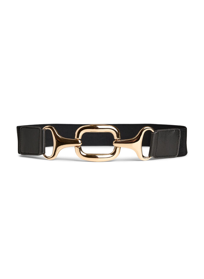 Elastic belt with a gold-coloured buckle, Black, Packshot image number 0