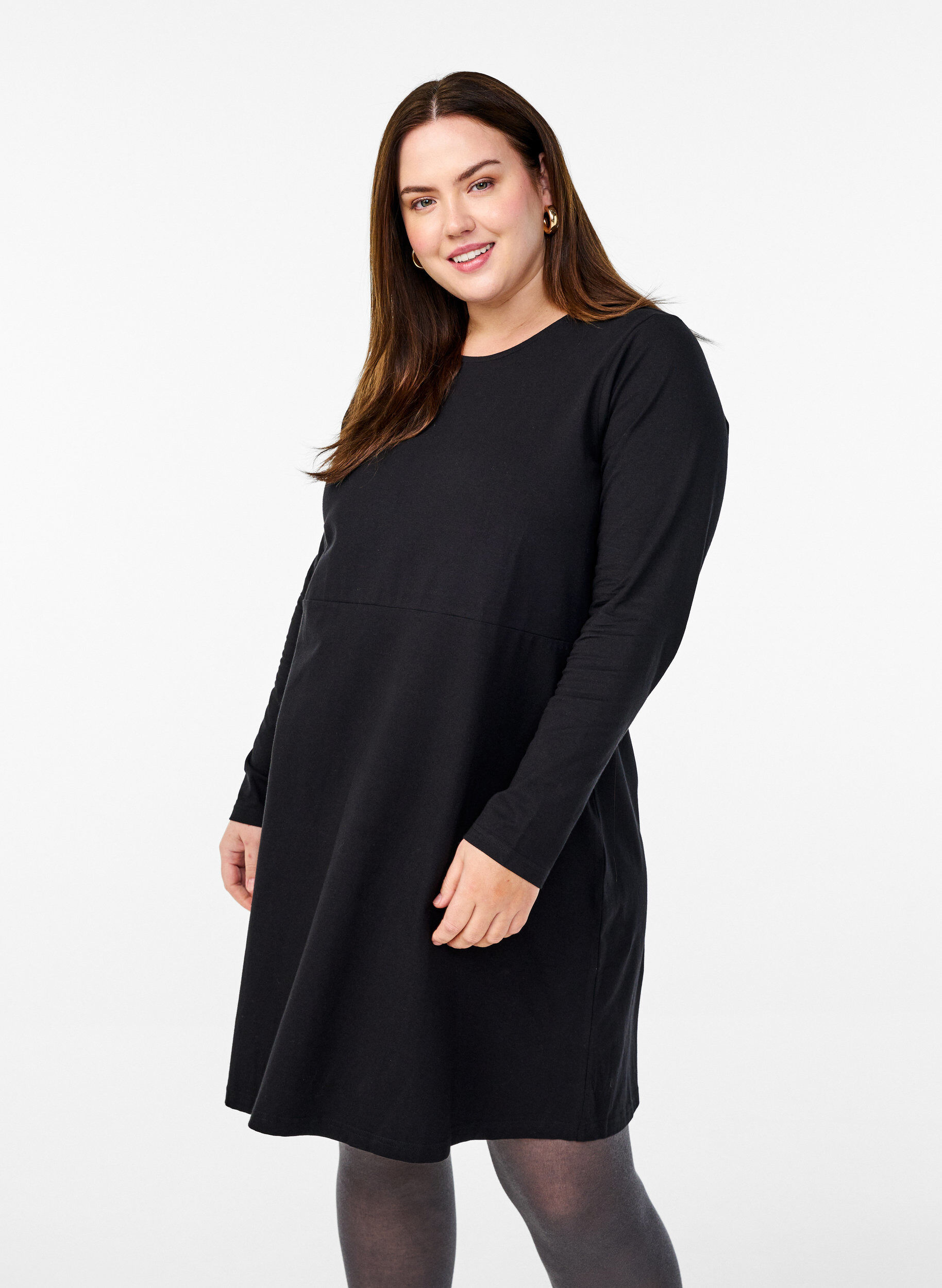 Zizzifashion Long-sleeved dress with round neck and zebra print, Black, Model image number 0