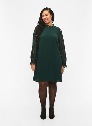 Viscose dress with crochet sleeves, Scarab, Model image number 2