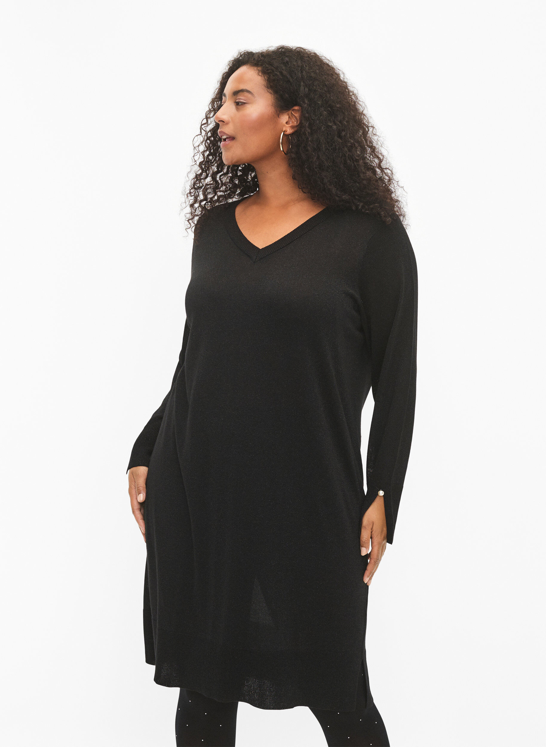 Zizzifashion Viscose knit dress with glitter and slits, Black w. DTM Lurex, Model image number 0
