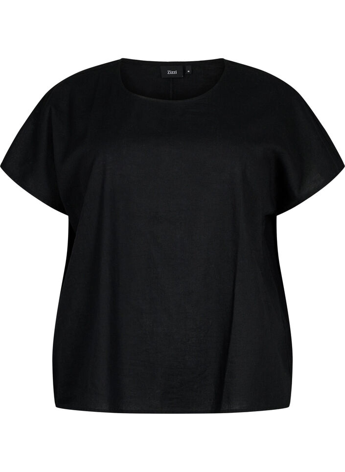 Short-sleeved blouse in cotton blend with linen, Black, Packshot image number 0