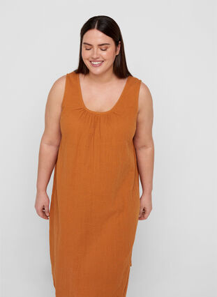 Sleeveless cotton dress in an A-line cut, Mustard As sample, Model image number 2