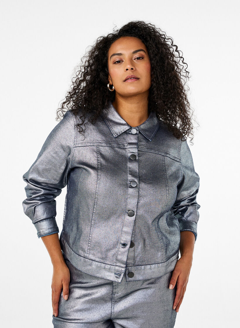 Short silver-coated denim jacket, Gun Silver, Model image number 0