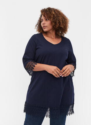 Cotton tunic with 3/4-length sleeves and lace details, Night Sky, Model image number 0