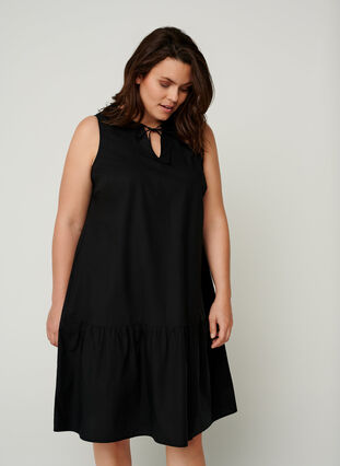 Short cotton dress with an A-line shape, Black, Model image number 0